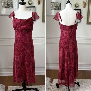 Vintage 90s B. Smart Chiffon Flutter Cap Sleeve Slip Midi Dress Burgundy M